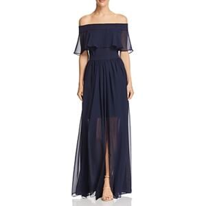 AQUA Sheer Chiffon Off the Shoulder Long A-Line Evening Gown Blue Size 4 Dress